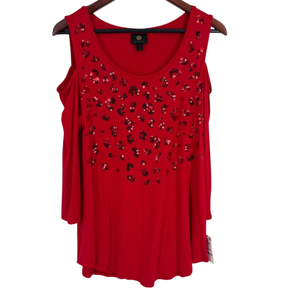 NEW NWT JM Collection Medium Red Sparkly Sequin Cold Shoulder Blouse Shirt Top